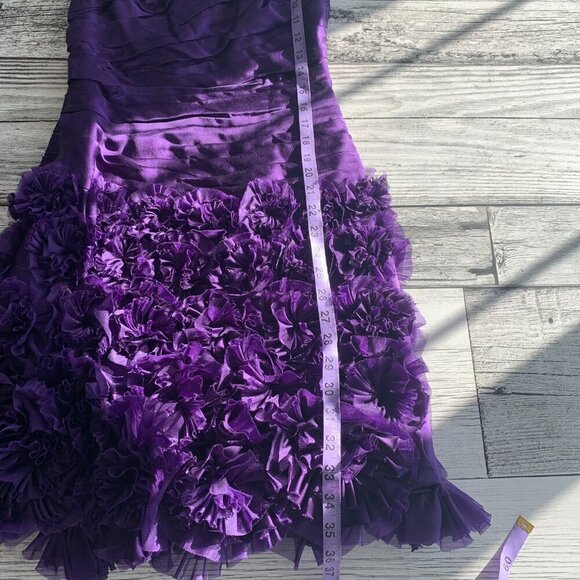 Theia One Shoulder Purple 100% Silk Ruched Rosette 3D Appliqué Cocktail Dress - Picture 14 of 16